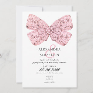Elegant Vintage Diamonds Pink Bow Script Wedding Invitation