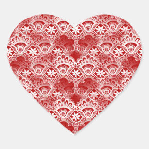 Elegant Vintage Distressed Red White Lace Damask Heart Sticker