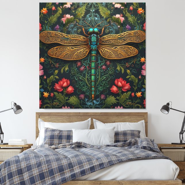 Elegant Vintage dragonfly boho botanical  Canvas Print (Insitu(Bedroom))