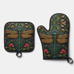 Elegant Vintage dragonfly botanical art nouveau Oven Mitt & Pot Holder Set