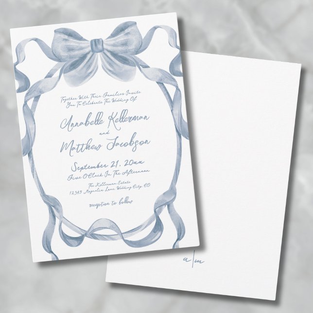 Elegant Vintage Dusty Blue Bow Wedding Invitation (Elegant Vintage Dusty Blue Bow Wedding Invitation)