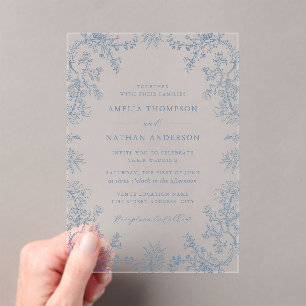 Elegant Vintage Dusty Blue Floral Wedding Acrylic Invitations