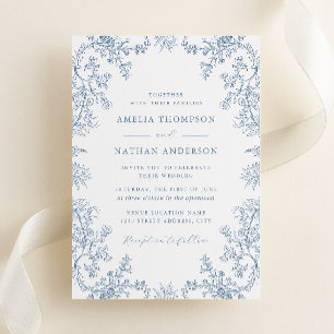 Elegant Vintage Dusty Blue Floral Wedding Invitation