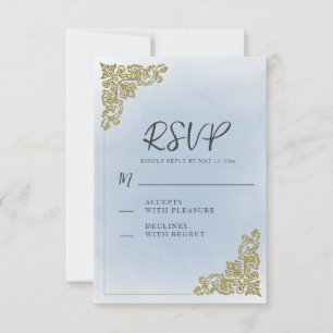 Elegant Vintage Dusty Blue Gold  RSVP Card