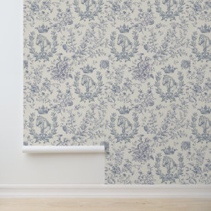 Elegant Vintage Dusty Blue Grey Equestrian Toile Wallpaper