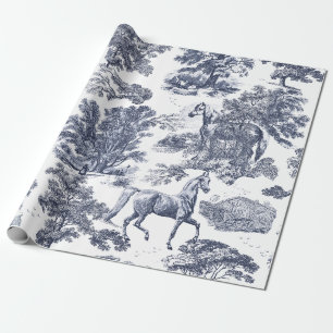 Elegant Vintage Dusty Blue Horses in Woods Toile  Wrapping Paper