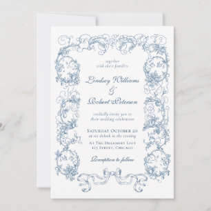 Elegant Vintage Dusty Blue Ornate Wedding Invitation