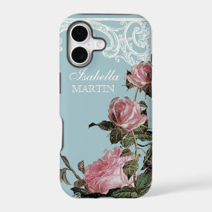 Elegant Vintage Dusty Blue Pink Rose Garden Floral