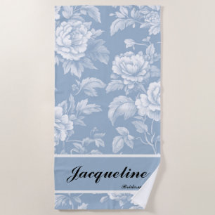 Elegant Vintage Dusty Blue Toile Bachelorette Beach Towel