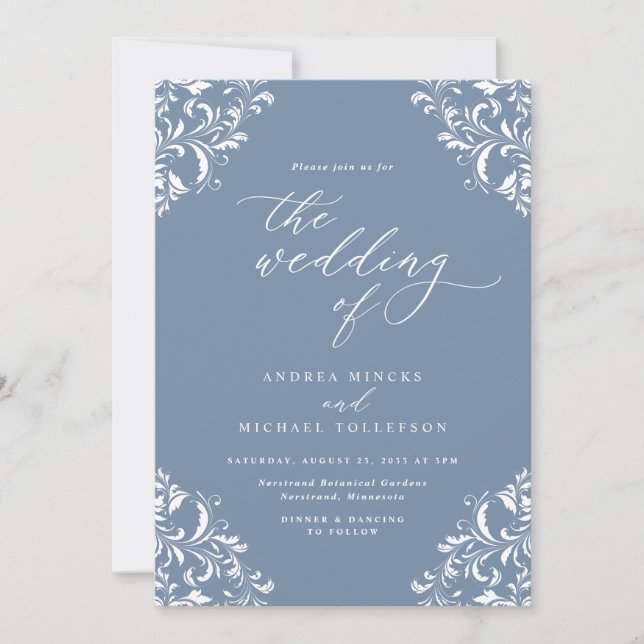 Elegant Vintage Dusty Blue Wedding Invitation (Front)