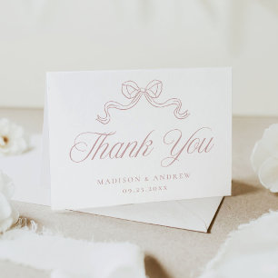 Elegant Vintage Dusty Rose Bow Photo Wedding Thank You Card