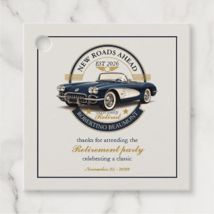 Elegant Vintage Emblem Blue Car Retirement Party Favour Tags