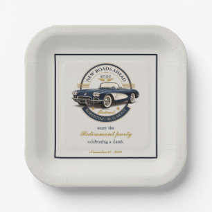 Elegant Vintage Emblem Blue Car Retirement Party Paper Plate