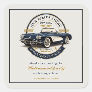 Elegant Vintage Emblem Blue Car Retirement Party Square Sticker