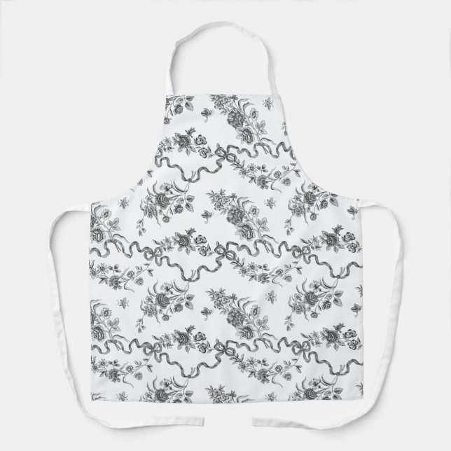 Elegant Vintage Engraved Black Roses and Ribbons Apron (Front)