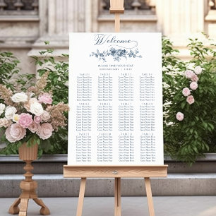 Elegant Vintage Engraved Blue Floral Poster