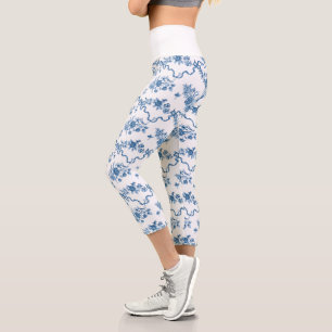Elegant Vintage Engraved Blue Roses and Ribbons Capri Leggings