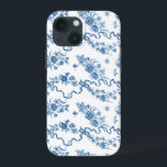 Elegant Vintage Engraved Blue Roses and Ribbons iPhone 13 Mini Case<br><div class="desc">Elegant and romantic blue engraved vintage roses,  flowers,  vines,  leaves and butterflies with ribbons and bows intertwined on a white background.</div>