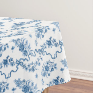 Elegant Vintage Engraved Blue Roses and Ribbons Tablecloth