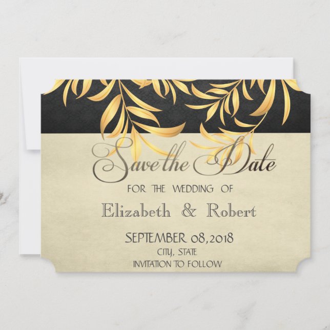 Elegant Vintage Faux Gold Leaves  Save The Date (Front)
