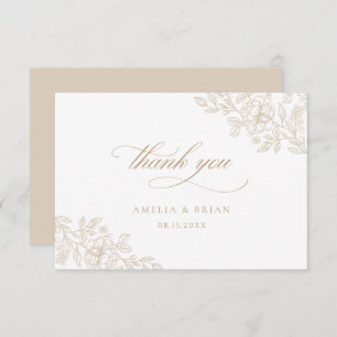Elegant Vintage Floral Beige Gold Script Wedding Thank You Card