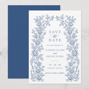 Elegant Vintage Floral Blue Save the Date Invitation