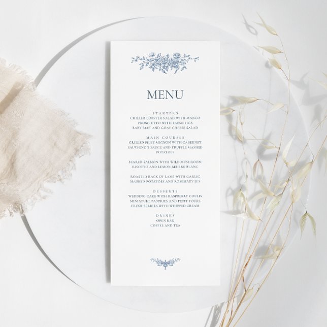 Elegant Vintage Floral Blue Wedding Menu (Creator Uploaded)
