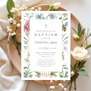 Elegant Vintage Floral Boy Baptism Invitation