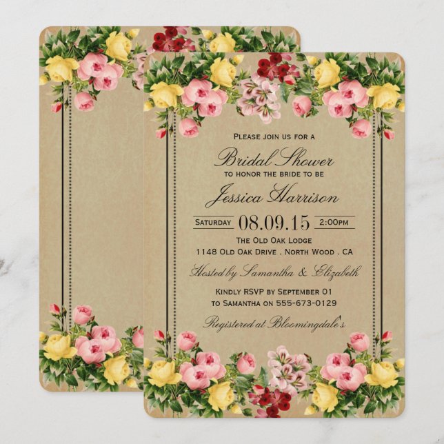 Elegant Vintage Floral Bridal Shower Invitations (Front/Back)