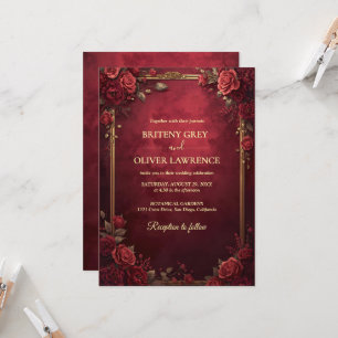Elegant Vintage floral Burgundy and Gold Wedding Invitation