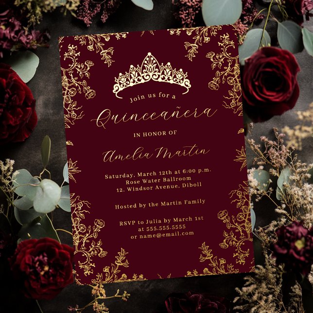 Elegant Vintage Floral Burgundy Gold Quinceanera  (Creator Uploaded)