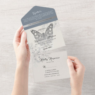 Elegant Vintage Floral Dusty Blue Wedding All In One Invitation