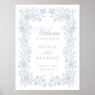 Elegant Vintage Floral Dusty Blue Wedding Welcome Poster