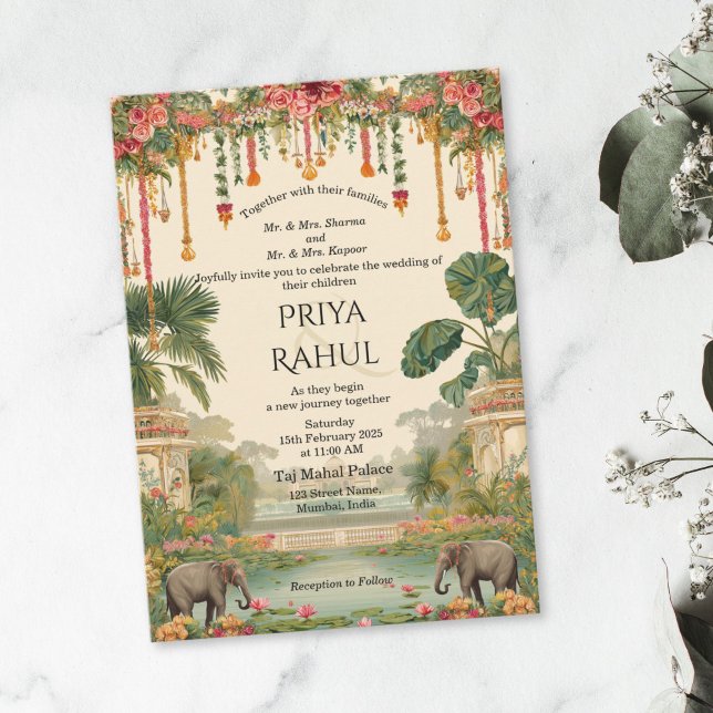 Elegant Vintage Floral Elephants Indian Wedding Invitation (vintage floral elephants wedding invitation)