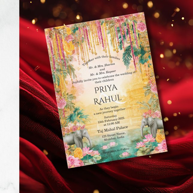 Elegant Vintage Floral Elephants Indian Wedding Invitation (colorful indian wedding invitation with floral elephants)