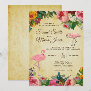 Elegant Vintage Floral Flamingo Wedding Invitation