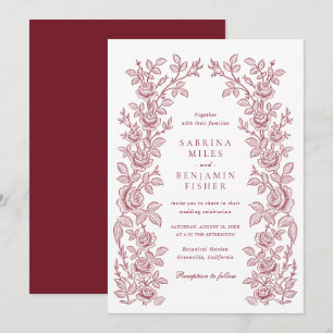 Elegant Vintage Floral Frame Burgundy Wedding Invitation