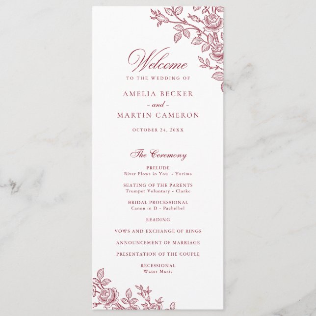 Elegant Vintage Floral Frame Burgundy Wedding  Programme (Front)