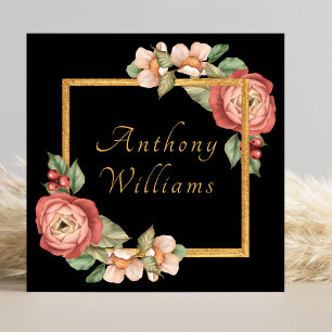 Elegant Vintage Floral Gold Border Typography Square Business Card