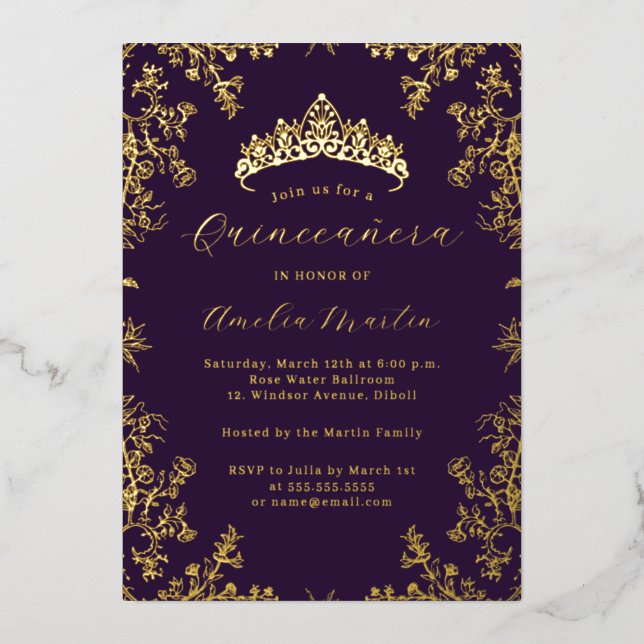 Elegant Vintage Floral Gold Purple Quinceanera  (Front)