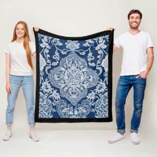 Elegant Vintage Floral Lace Blue and White Fleece Blanket