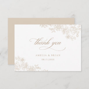 Elegant Vintage Floral Lace Neutral Script Wedding Thank You Card