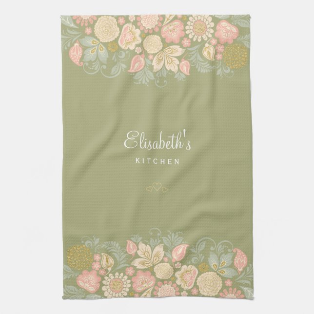 Elegant vintage floral light green tea towel (Vertical)