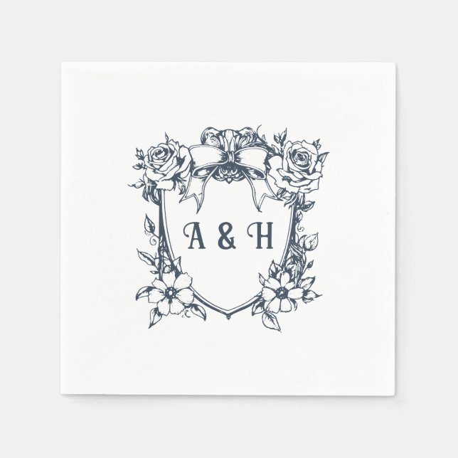Elegant Vintage Floral & Monogram Crest Wedding Napkin (Front)