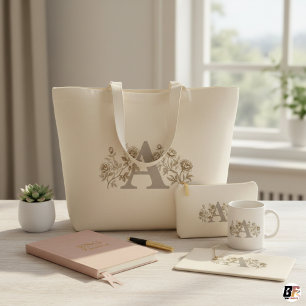 Elegant Vintage Floral Monogram Custom Letter A Large Tote Bag