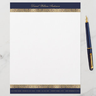 Elegant Vintage Floral Navy Blue Gold Roses Script Custom Letterhead