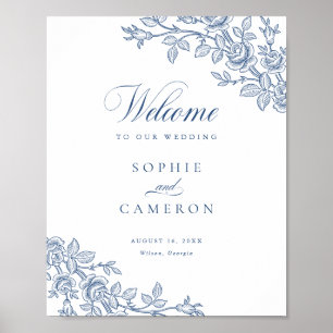 Elegant Vintage Floral Navy Blue Wedding Welcome Poster