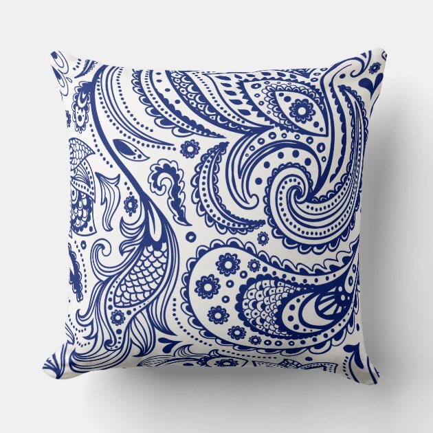Elegant Vintage Floral Paisley White Royal Blue Cushion Zazzle
