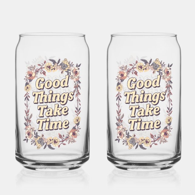 Elegant Vintage Floral Patience Quote Can Glass (Front)