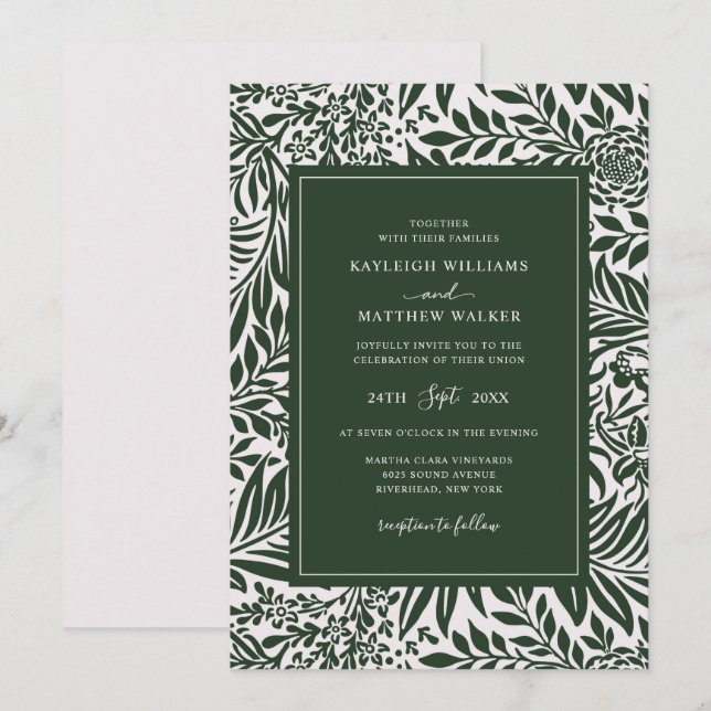 Elegant Vintage Floral Pattern | Green Wedding Invitation (Front/Back)